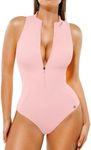 Popilush Pink Swimsuits for Women One Piece Swimsuit Women Tummy Control Shapewear Mock Neck Zipper Slimming Bathing Suits Padded Outfits