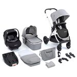 Babymore Memore V2 Travel System 13 Piece Silver - 3-in-1 Pram Travel System, Foldable, Reclining Baby Pushchair, Premium Pecan i-Size Car Seat with ISOFIX Base & Essentials, 0-4 Years | Up to 22 Kg