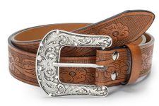 Eohak Western-Belt-for-Women-Cowgirl, PU-Leather-Waist-Belts with Vintage-Carved-Buckle and Tips-Ends for Jeans Pants Dresses, Shiny - Brown, Medium