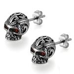 Flongo Men's Gothic Stainless Steel Red Eye Skull Skeleton Stud Earrings