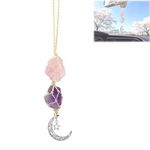 Crystal Car Hanging Ornament, Car Mirror Auto Interior Decoration Accessories Hanging Charm Healing Crystal Rearview Mirror Energy Dangling Moon Stone Pendant(Rose Quartz+Amethyst)