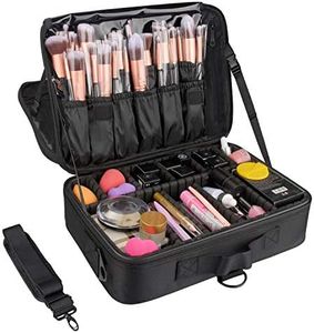 Samtour Makeup Bag Travel Makeup Train Case 13.8 inches Large Cosmetic Case Professional Portable Makeup Brush Holder Organizer and Storage with Adjustable Dividers (Black, Medium)