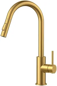 FORIOUS Gold Kitchen Faucet with Pull Down Sprayer, Kitchen Faucet Sink Faucet with Pull Out Sprayer, Single Hole and 3 Hole Deck Mount, Single Handle Copper Kitchen Faucets, Champagne Bronze
