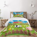 Lunarable Cartoon Bedspread, Farm with Cow Fox Chicken Pig Horse in The Fences Countryside Rural Children Design, Decorative Quilted 2 Piece Coverlet Set with Pillow Sham, Twin Size, Dark Pink