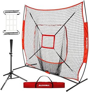 BaseGoal 7'×7' Baseball Softball Practice Net,Baseball Backstop,with Batting Tee,for Hitting Pitching Batting Catching with Bow Frame,Bonus Strike Zone (Red-A)