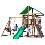 Backyard Discovery Grayson Peak All Cedar Wooden Swing Set, Colorful Canvas Enclosed Canopy, Wave Slide, Belt Swings and Web Swing, Rockwall with Climbing Rope and Rope Ladder