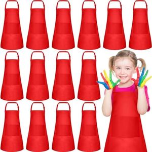 PLULON 20 Pcs Kids Aprons with 2 Pockets Painting Aprons for Kids Aprons Bulk, Paint Apron Adjustable Children Chef Aprons for Girls Boys Painting Baking Cooking Crafting - Red