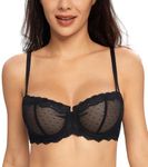 Lemorosy Women's Sexy Lace Balconette Bra Non-Padded Unlined Underwire Demi Sheer Bra(32DD, Black)