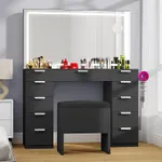 DWVO Vanity Desk with LED-Lit Mirror & Lights, Makeup Vanity Station with 11 Compartments and Magnifier, 46'' Dressing Table with Electrical Socket and Seating Storage for Bedroom, Coal Black