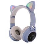 Luckyu Kids Bluetooth 5.0 Cat Ear Headphones Foldable On-Ear Stereo Wireless Headset with Mic LED Light and Volume Control Support TF Card Aux in Compatible with Smartphones PC Tablet (Blue)