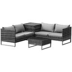 Outsunny 4 Seater Rattan Corner Sofa Set, Wicker Rattan Garden Furniture Set with Loveseats, Tables, Cushions for Outdoor, Patio, Grey