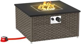 Outsunny Rattan Fire Pit Table for Garden, 13 KW Smokeless Propane Fire Pit with Lid, Square Garden Coffee Table with Patio Heater for Outdoor, Patio, 58 x 58 x 33 cm, Grey
