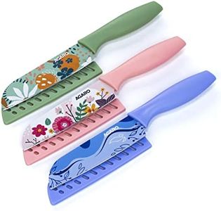 AGARO Knife Set, Printed Knife Set, Stainless Steel Knife for Kitchen Use, Home Use, Santoku Knife, Non-Slip Handle, Plastic Cover, Cutting, Slicing, Chopping, Set of 3 (Blue, Green, Pink)