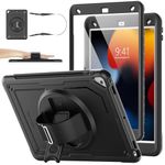SEYMAC stock Case for iPad 9th/8th/7th Generation 2021/2020/2019, [Hard Back Shell] Shockproof Case with 360 Rotating Snap-on Stand Hand Strap &Pencil Holder Case for iPad 10.2 inch, Black