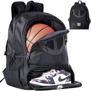 TRAILKICKER Mesh Black Basketball Soccer Bag Backpack Sports Volleyball Football Bag with Ball and Shoe Compartment for Boys Girls Man Women Ball Equipment Bag Basketball Stuff