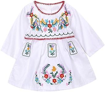 Newborn Toddler Baby Girls Ethnic Embroidery Floral Dress Long Sleeve Party Sundress Skirt (6-12Months, White)