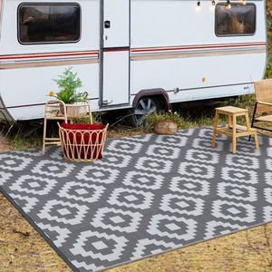 GAOMON Outdoor Rug Carpet Waterproof 8x10 Plastic Straw Rug Reversible Patio Rug RV Camping Rug Outdoor Rugs Porch Rug Patio Rug Outside RV Mat Deck Balcony Picnic Beach Decor Diamond Grey White