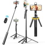 KINGONE Long Selfie Stick with Tripod Stand Aluminum 71inch/180cm, 360° Degree Rotation Selfie Stick Tripod for Phone, Rechargeable Remote & LED Fill Light, 1/4" Screw for Camera Gopro for Vlogging