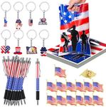 Bulyoou 200 Pcs/ 50 Sets Patriotic Gift Bulk Accessories, Include 50 American Flag Gift Bag 50 Patriotic Keychain 50 American Flag Pen 50 US Flag Brooches for Memorial Day 4th of July Party Supplies