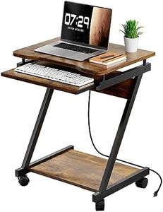 ZERDER Small Computer Desk with Keyboard Tray, Z-Shaped Home Office Desk for Small Space, Compact Study Desk with Power Outlet and Casters, Computer Workstation for Home and Office, Brown