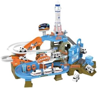 Car Parking,Space Adventure Vehicle Track Toys for 3+ Years Old Boys, 2 in 1 Playset with High-Speed Rail and Police Cars,