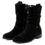 Cowboy Boots Women Low Heel Wide Fit Ladies Suede Below Mid Calf Western Booties Girls Dancing Biker Boot UK Size (002 Black, Adult, Women, 5.5, Numeric, UK Footwear Size System, Medium)