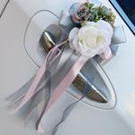 Ziyero 4 Pieces Wedding Car Flower Decoration Ribbons And Bows, White Rose Flower Wedding Car Decoration, Wedding Car Ribbon Decoration, Luxury Romantic Wedding Car Ceremony Party Decoration