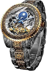 FORSINING Retro Watch for Men Carved Self-Wind Mechanical Tattoo Tourbillon Moon Phase Independent Seconds Skeleton Automatic Big Dial Wrist Watches, gold, Mechanical