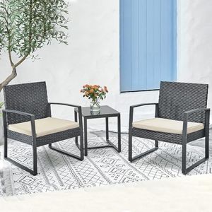 Shally Dogan Set 3 Pezzi da Giardino in Polyrattan con 2 Sedie e 1 Tavolino, Poltroncine da Esterno con Cuscini Imbottiti, Poltrone e Tavolo Lounge Ideale Patio, Terrazzo, Bistrot (Nero e Tortora)