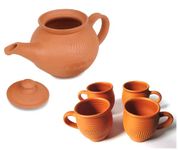 KSI Handcrafted Mitti Clay Tea Kettle with Lid and Tea Cup Coffee Cup Set Handmade Earthen Clay Kulhad Kullar Chai ke Cup Pack of 4, Kettle 750 ml, Cups 115 ml Each