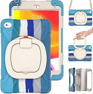 iPad Mini 5 Case & iPad Mini 4 Case;Protective Rugged Case with Pencil Holder, 360° Swivel Stand/Handle Grip/Shoulder Strap for Kids, Boys, Girls (Rainbow Blue)