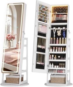 LVSOMT Standing Jewelry Cabinet Mirror with Adjustable LED Light White
