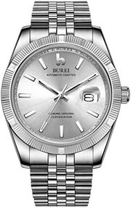 BUREI Mens Luxury Automatic Watches Silver Dial Analog Date with Stainless Steel Case and Band，Silver