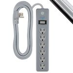 GE 6-Outlet Surge Protector, 15 Ft Extension Cord, Power Strip, 800 Joules, Flat Plug, Twist-to-Close Safety Covers, UL Listed, Gray, 62457