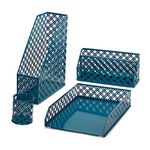 EXERZ Desk Organiser 4 Pieces/Office Set/Desktop Metal Mesh Filing Including: A4 Letter Tray x 1, A4 Magazine Rack/Upright Document Holder x 1, Letter Sorter x1, Pen Holder x 1 (Aegean Blue)