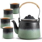 ZENS Vintage Japanese Tea Set with 4 Cups, 1000 ml Embossed Japanese Teapot with Built-in Strainer for Loose Leaf Tea Diffusers, Ceramic Infuser Teapot with Hemp Rope Handle for Women Tea Gifts