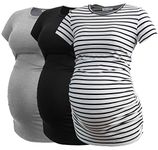 Smallshow Maternity Clothing Tops Side Ruched Pregnancy Clothes for Women 3-Pack Black/Grey/White Stripe L