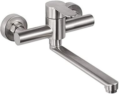 Robinet Mural Cuisine, Mitigeur Mural Inoxydable, Pivotant à 360° pour Évier de Cuisine, Eau Chaude et Froide, Trous de Montage Réglables, Bras Pivotant 23cm, Brossé