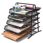 SOLDTRUE Countertop 5 Tier Mesh Metal Desk Organiser File Rack Letter Tray A4 Papers Documents Holder Desk Organizer For Office-Black, Sliding Shelf