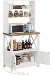 YITAHOME White Microwave Stand Bakers Rack Cabinet Farmhouse Freestanding Small Kitchen Pantry Hutch Tall w Door Power Outlet Thickened Counter, Coffee Bar Storage Shelves, White & Brown