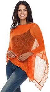 SHU-SHI Womens Sheer Poncho Shrug Lightweight Knit Ruffle Pullover Sweater Top (One Size, Orange)