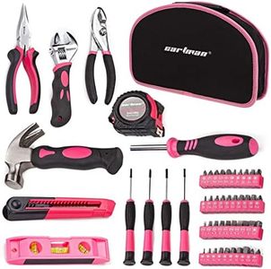 Cartman Pink 52 Piece Tool Set for Woman Ladies Hand Tool Set with Easy Carrying Round Pouch，Tough Long Lasting Chrome Finish Tools - Perfect for DIY, Home Maintenance