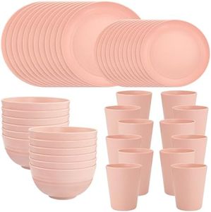 LIYH 48pcs Pink Wheat Straw Dinnerware Set,Plates and Bowls Set,Camping Dish Set for 12,Plastic Dinnerware Set,Dishwasher Safe Dinnerware Set,Unbreakable Plates,Camper Dish Sets,Reusable Tableware