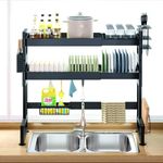 IBELL DR293SM Length Adjustable Dish Drying Rack for Kitchen, 2 Layer, Over The Sink Bartan Stand, Carbon Steel (Black)