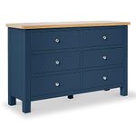 Farrow Navy Blue Large Chest of Drawers for Bedroom with 6 Drawers | Roseland Furniture Fully Assembled Contemporary Solid Wood Wide Painted Storage Chest with Oak Top | 78 x 120cm