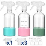 GMISUN Glass Spray Bottles for Cleaning Solutions, 16oz Reusable Spray Bottles for Cleaning, 3Pack Clear Empty Cleaning Bottles with Silicone Sleeve and Labels for Plants - 3pcs Upgraded Nozzles