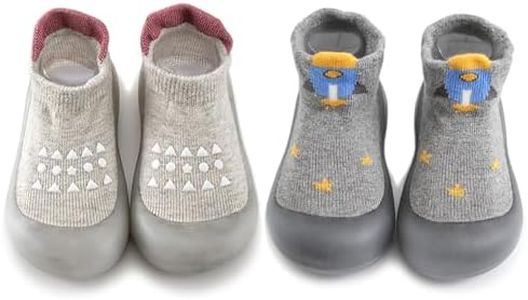 HOVELL 2 Pairs Baby Soft Rubber Sole Shoes Toddler Girls Boys Non Slip Walking Shoes Infant Cotton Floor Slipper Sock Shoes(Grey,12-18M)