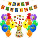 SUNBEAUTY 29 Pcs Building Block Party Decorations Brick and Block Birthday Banner Latex Balloons Cake Toppers Baby Boy Toddler Kids Birthday Decoration