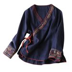 loobun Cotton Linen Long Sleeve Embroidery Shirt Women Vintage Cheongsam Tops Hanfu Chinese Traditional Tang Suit Zen Tea Button Up Blouses Ladies Elegant Oversized Shirts Navy M