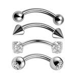 4pcs 16G G23 Implant Grade Titanium Curved Eyebrow Barbell Internally Threaded 3mm Prong Set CZ/Ball/Bezel CZ/Conical Ends Tragus Helix Ear Belly Lip Nipple Tongue Ring Body Piercing Jewelry 6-14mm, Titanium, no gemstone